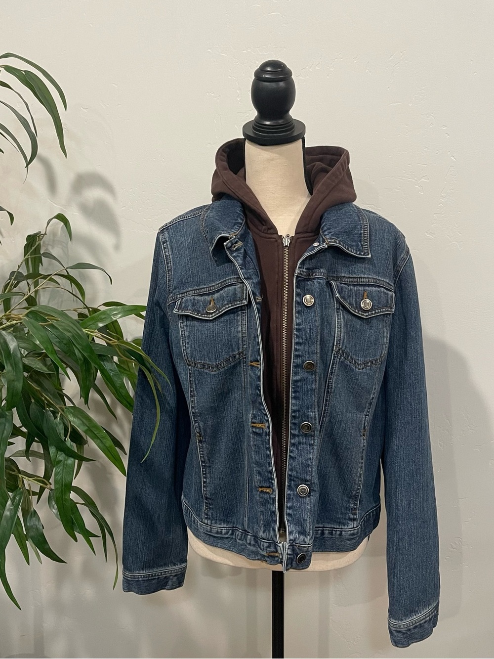 Style & Co. Jacket Womens XL Blue Denim Hooded Double Zip Trucker Jean Lined